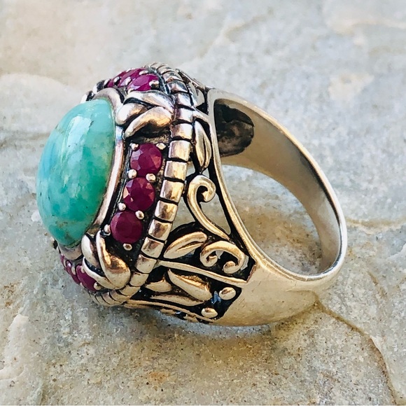 Vintage Sally C Turquoise Ruby Sterling Silver Ring - Picture 4 of 12
